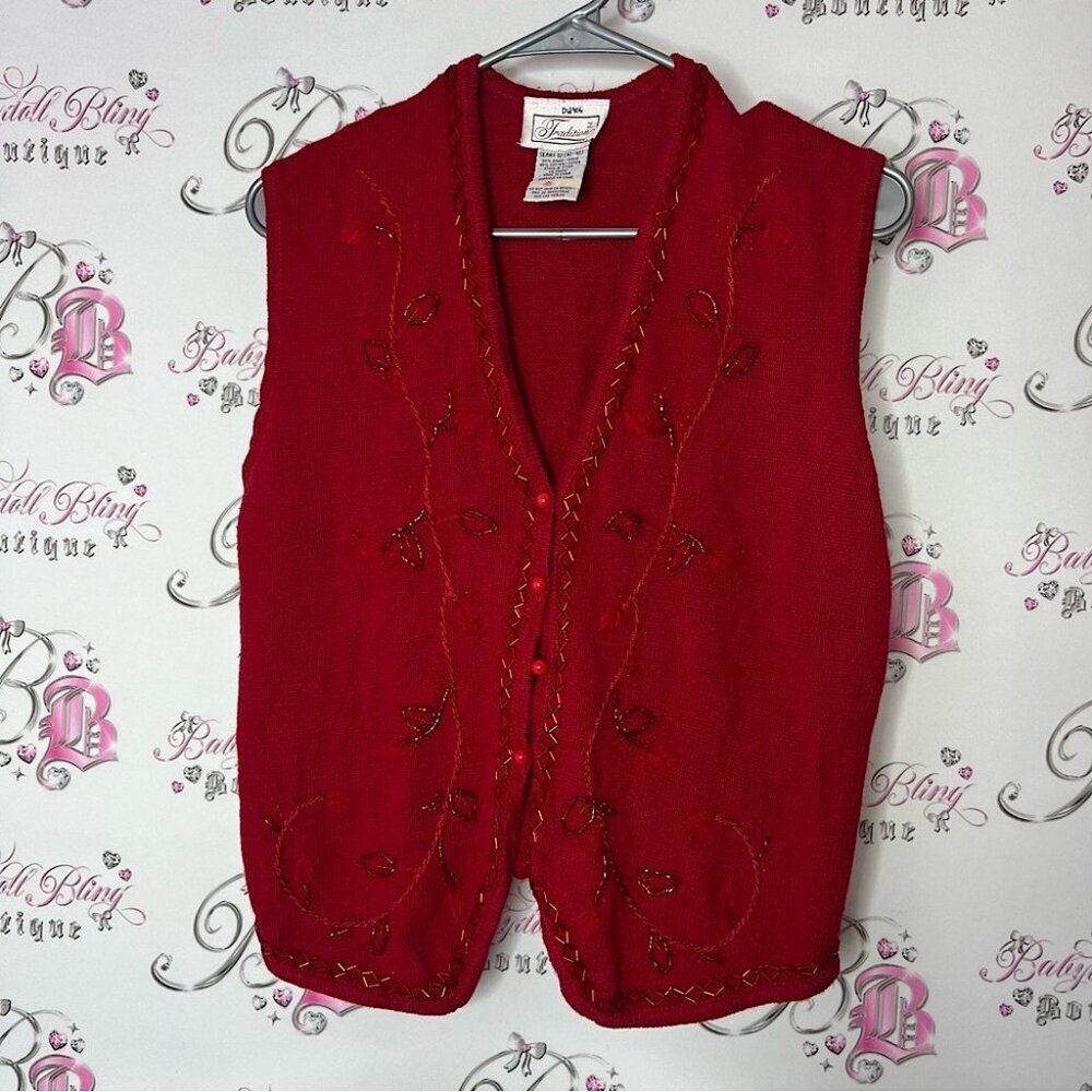 Tradition best embroidered beaded button up Red Embroidered Sweater Vest